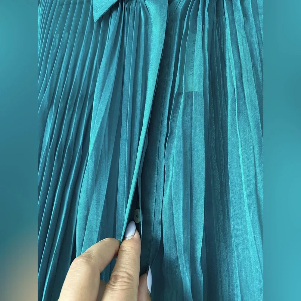 Maeve by Anthropologie l Sheer Pleated Cape Sleeve Blouse in Blue Green - Picture 9 of 12
